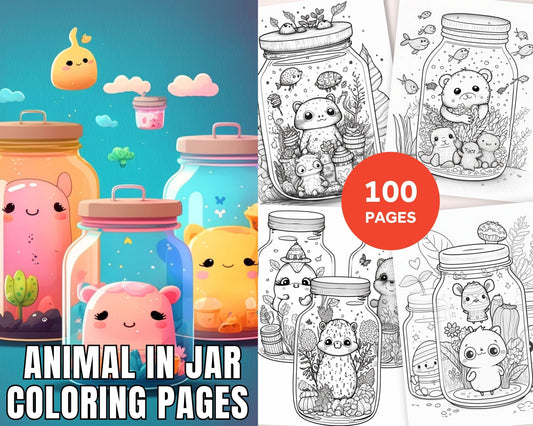 100 Animal in Jar Coloring Pages, Printable Coloring Pages for Kids and Adults, Printable PDF File Instant Download