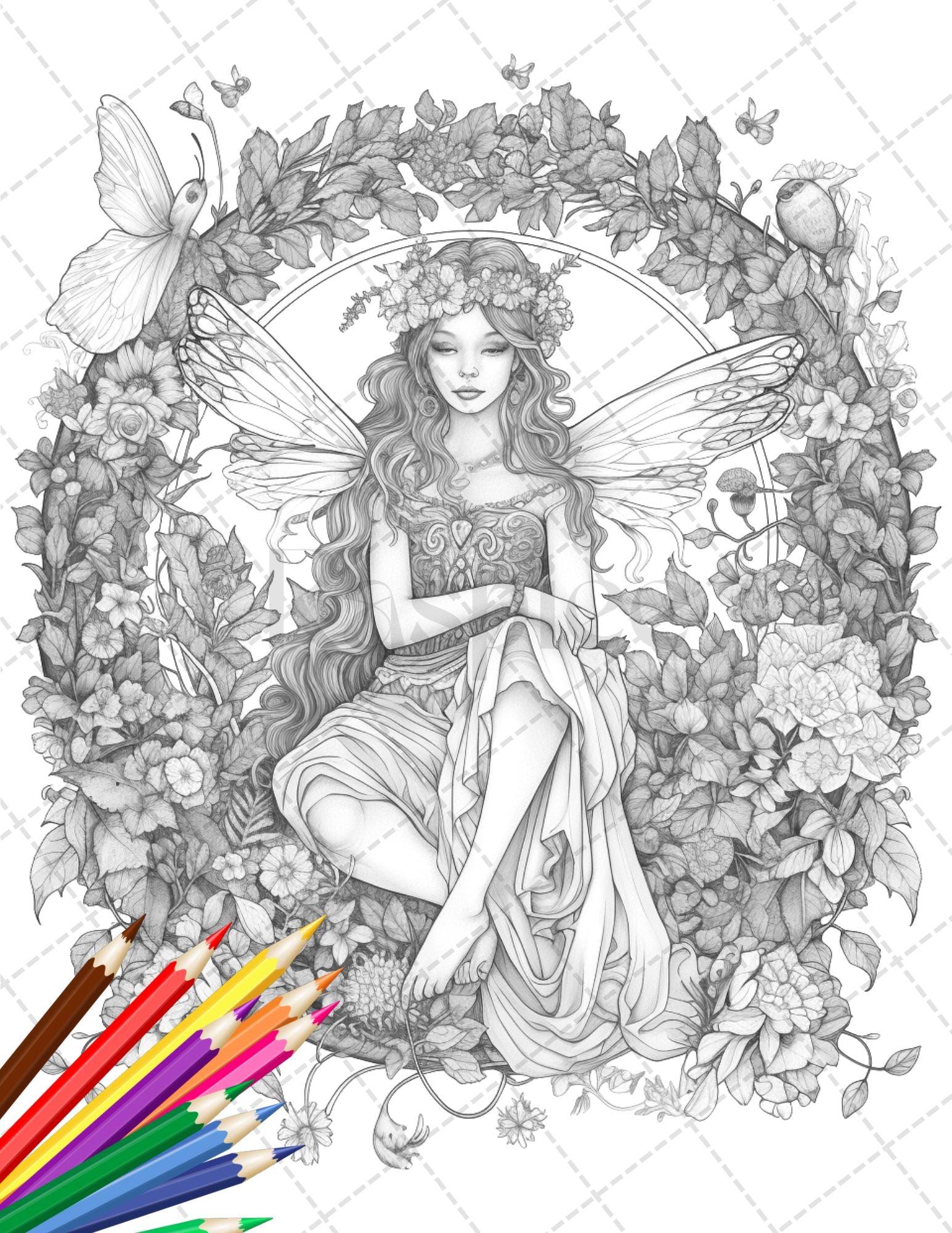 30 Beautiful Fairies Coloring Page Book for Adults, Flower Fairy Grayscale Coloring Book, Fairy Coloring Sheets, Printable PDF File Download