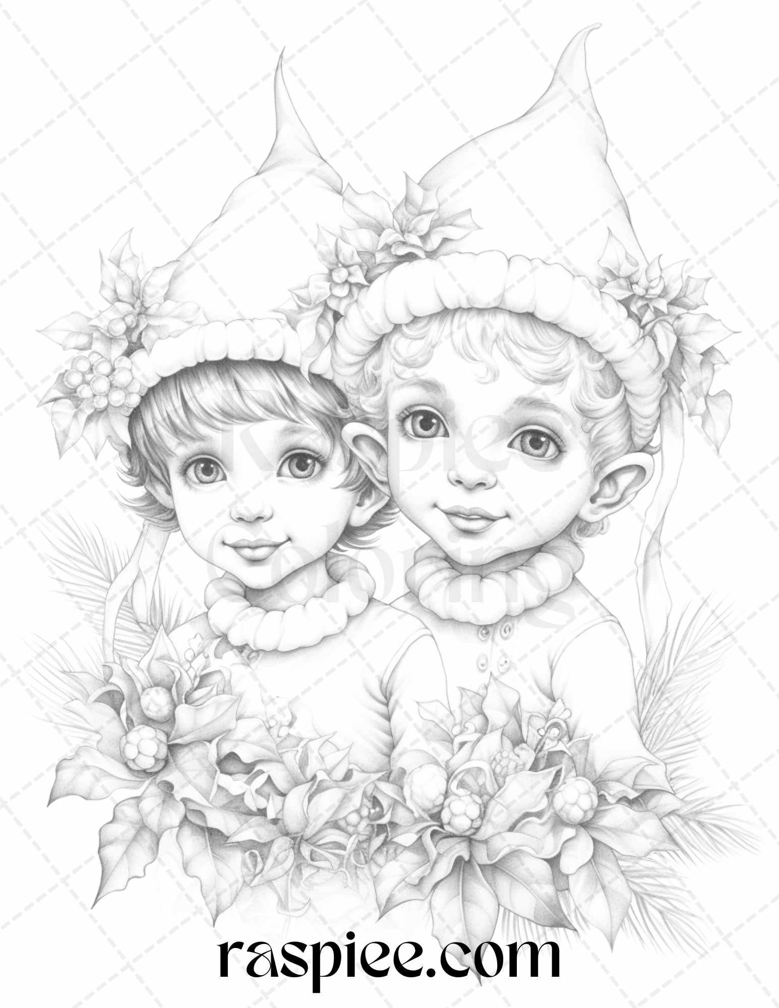 110 Christmas Elves Grayscale Coloring Pages Printable for Adults Kids, PDF File Instant Download