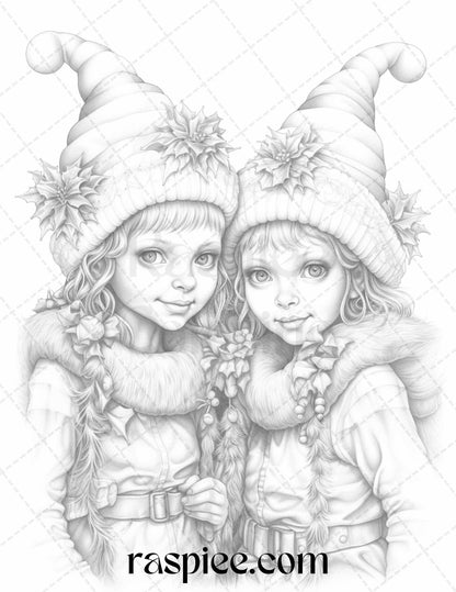 110 Christmas Elves Grayscale Coloring Pages Printable for Adults Kids, PDF File Instant Download