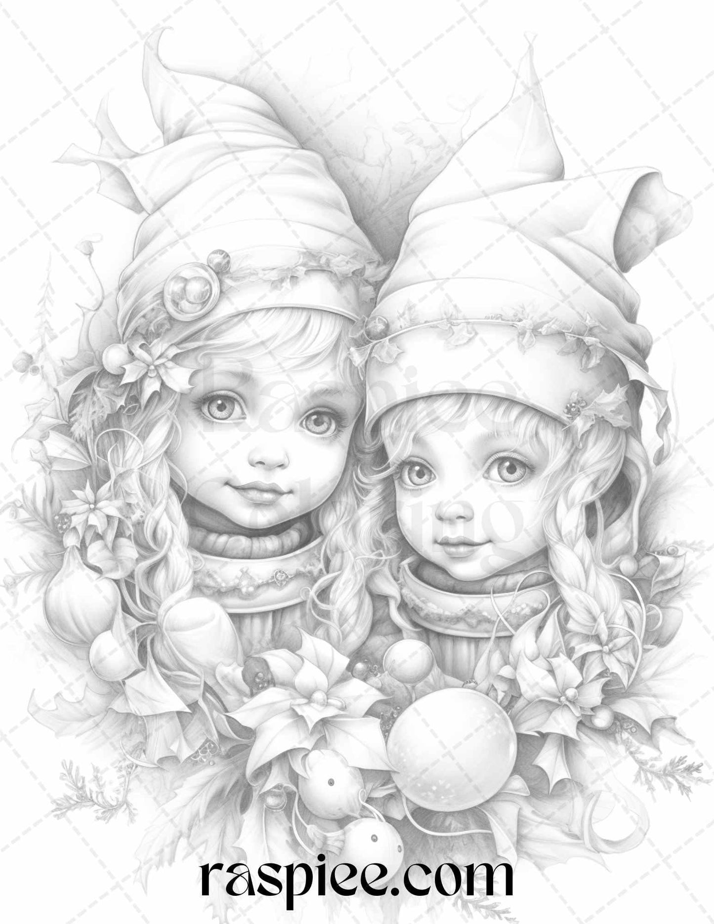 110 Christmas Elves Grayscale Coloring Pages Printable for Adults Kids, PDF File Instant Download