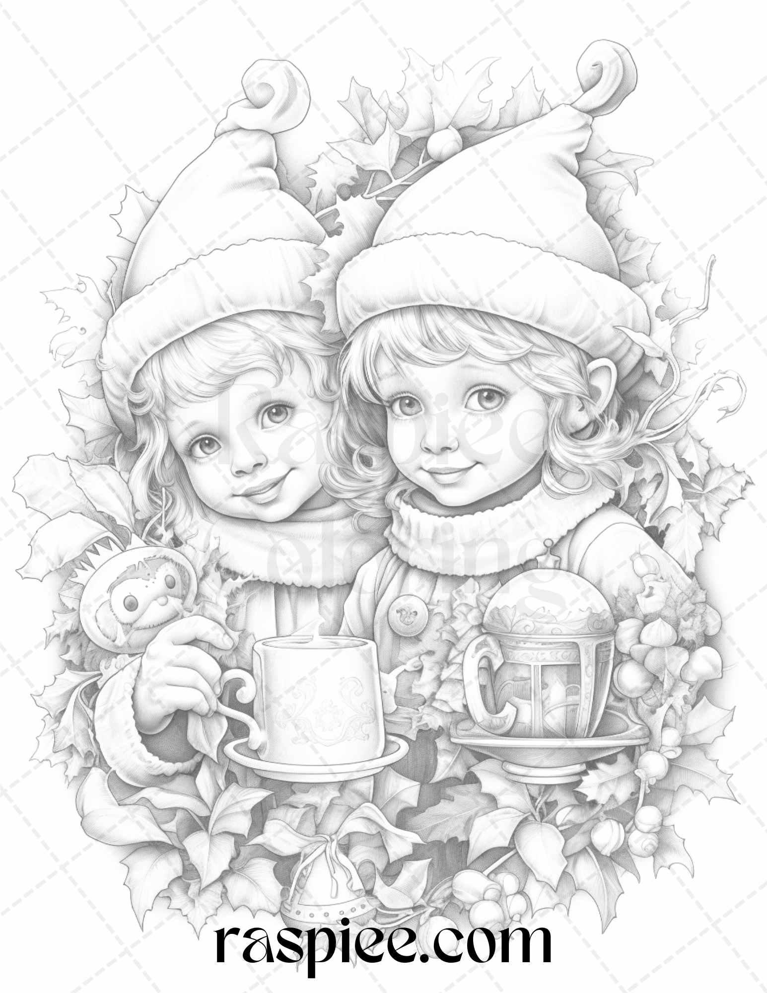 110 Christmas Elves Grayscale Coloring Pages Printable for Adults Kids, PDF File Instant Download