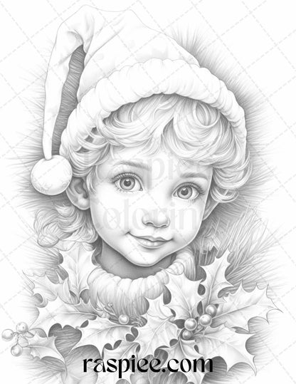 110 Christmas Elves Grayscale Coloring Pages Printable for Adults Kids, PDF File Instant Download