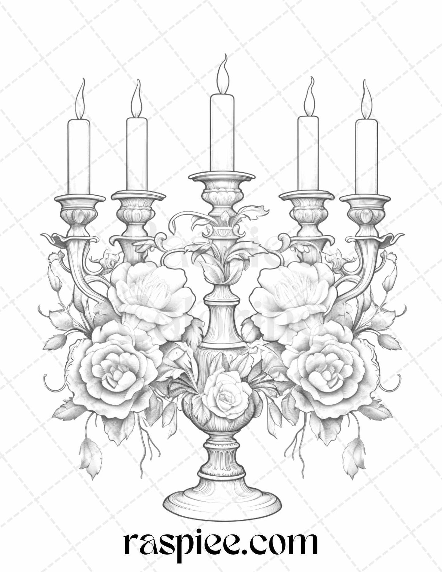 40 Flower Candles Grayscale Coloring Pages Printable for Adults, PDF File Instant Download