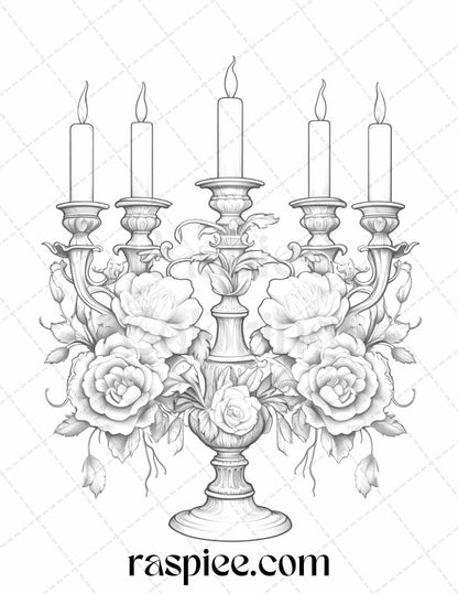 40 Flower Candles Grayscale Coloring Pages Printable for Adults, PDF File Instant Download