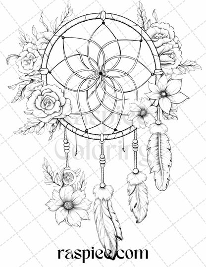 30 Flower Dreamcatcher Grayscale Coloring Pages Printable for Adults, PDF File Instant Download