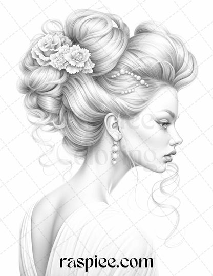 43 Beautiful Hairstyles Grayscale Coloring Pages Printable for Adults, PDF File Instant Download