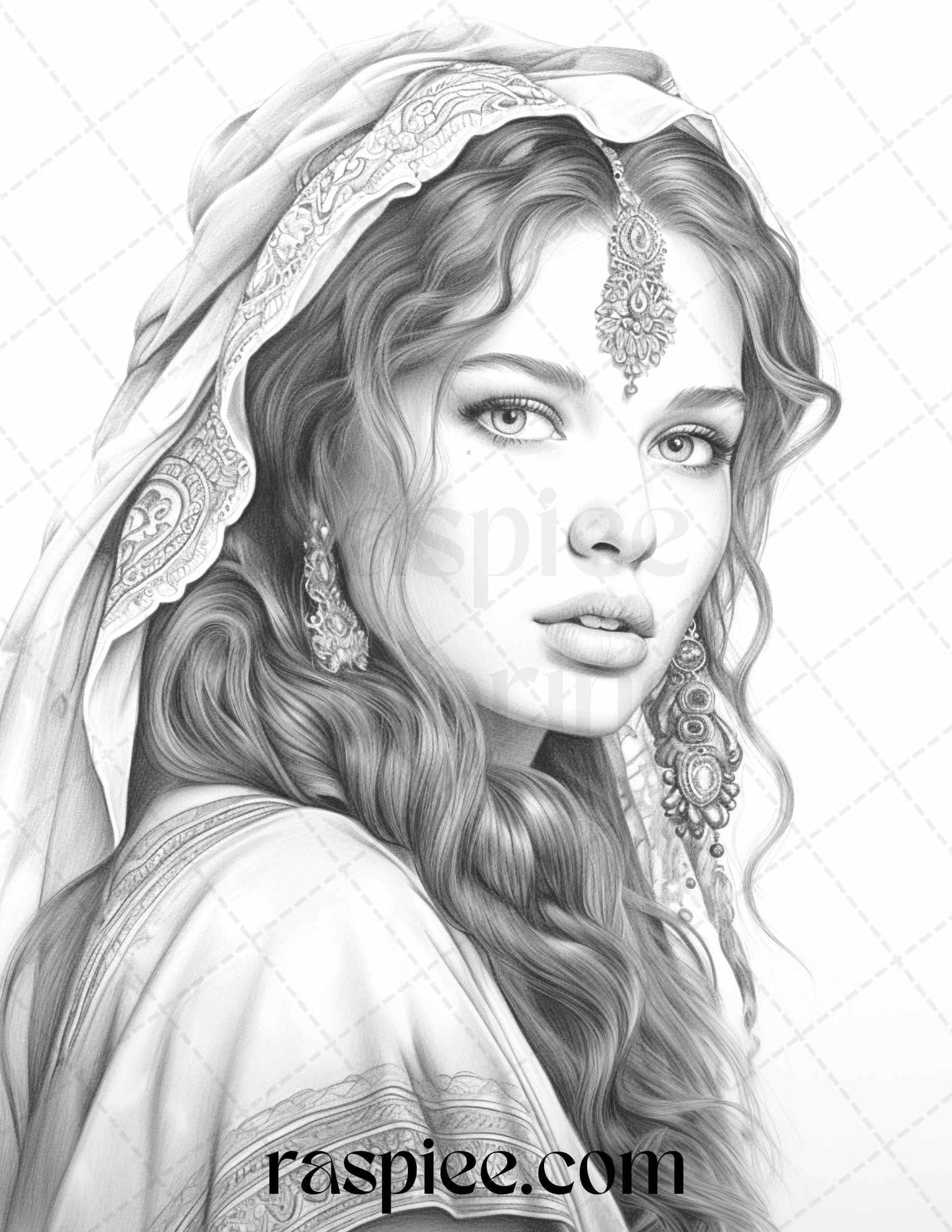 40 Beautiful Gypsy Girls Grayscale Coloring Pages Printable for Adults, PDF File Instant Download