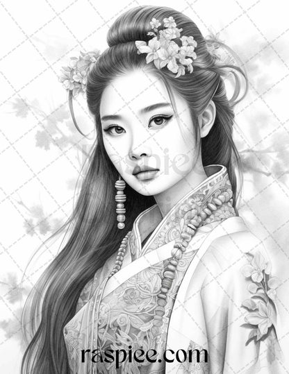 40 Beautiful Japanese Girls Grayscale Coloring Pages Printable for Adults, PDF File Instant Download