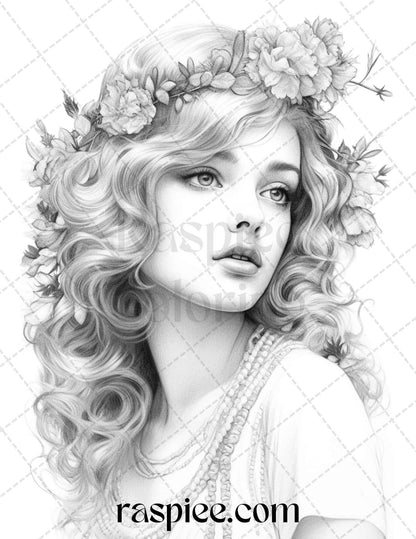 40 Beautiful Gatsby Girls Grayscale Coloring Pages Printable for Adults, PDF File Instant Download