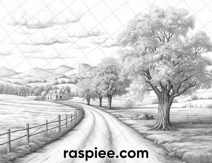 40 Spring Farm Life Grayscale Adult Coloring Pages, Printable PDF Instant Download