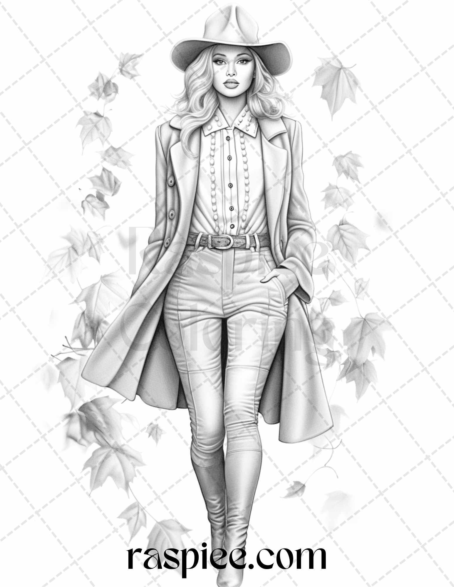 40 Fall Fashion Grayscale Coloring Pages for Adults, Printable PDF File Instant Download