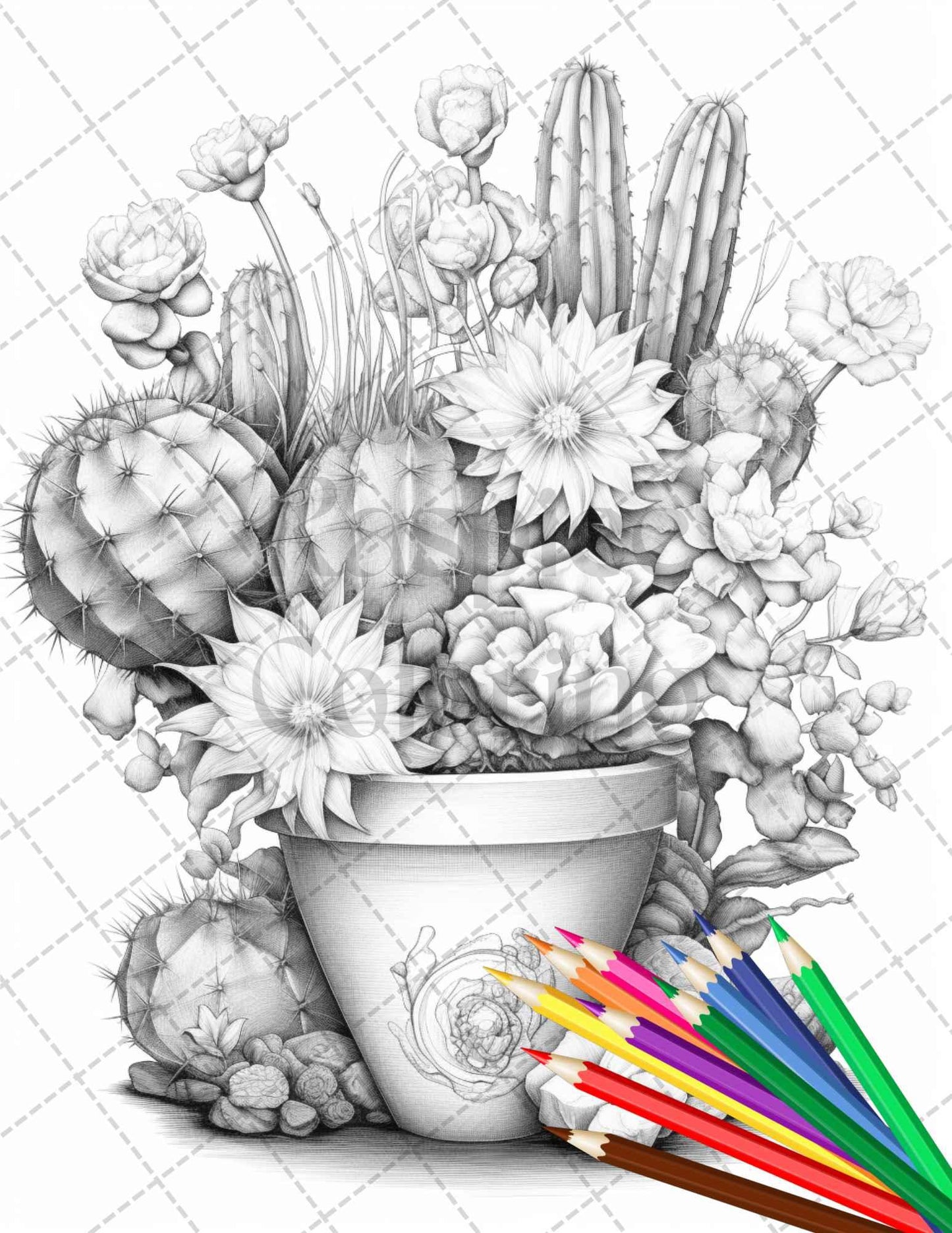 40 Charming Cactus Pots Grayscale Coloring Pages Printable for Adults, PDF File Instant Download