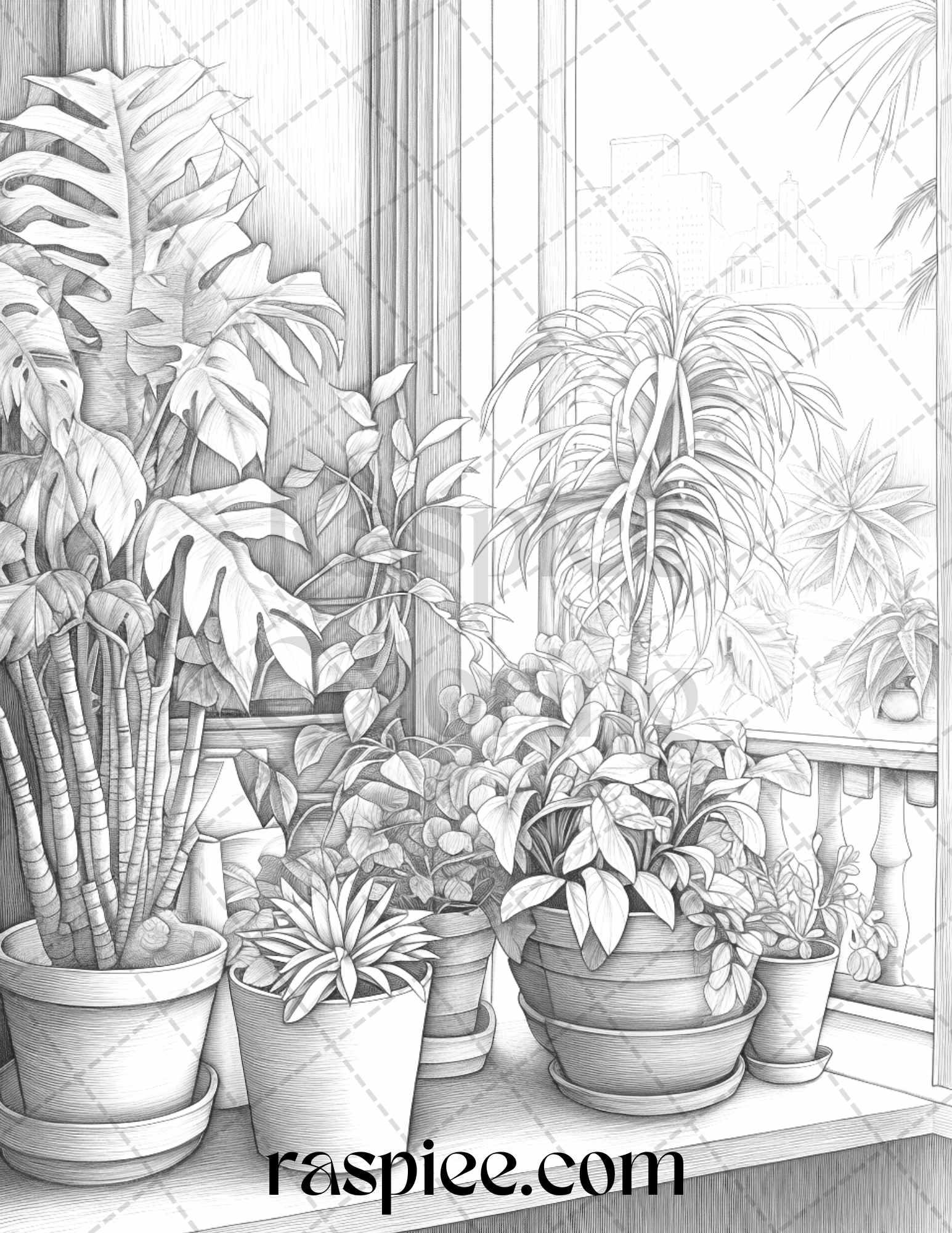 40 Window Plants Grayscale Coloring Pages Printable for Adults, PDF File Instant Download