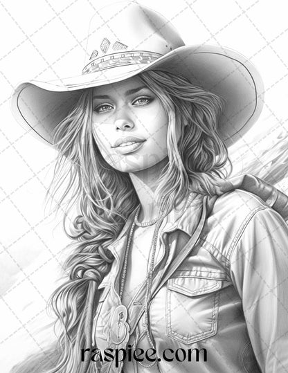 40 Beautiful Cowgirls Grayscale Coloring Pages Printable for Adults, PDF File Instant Download