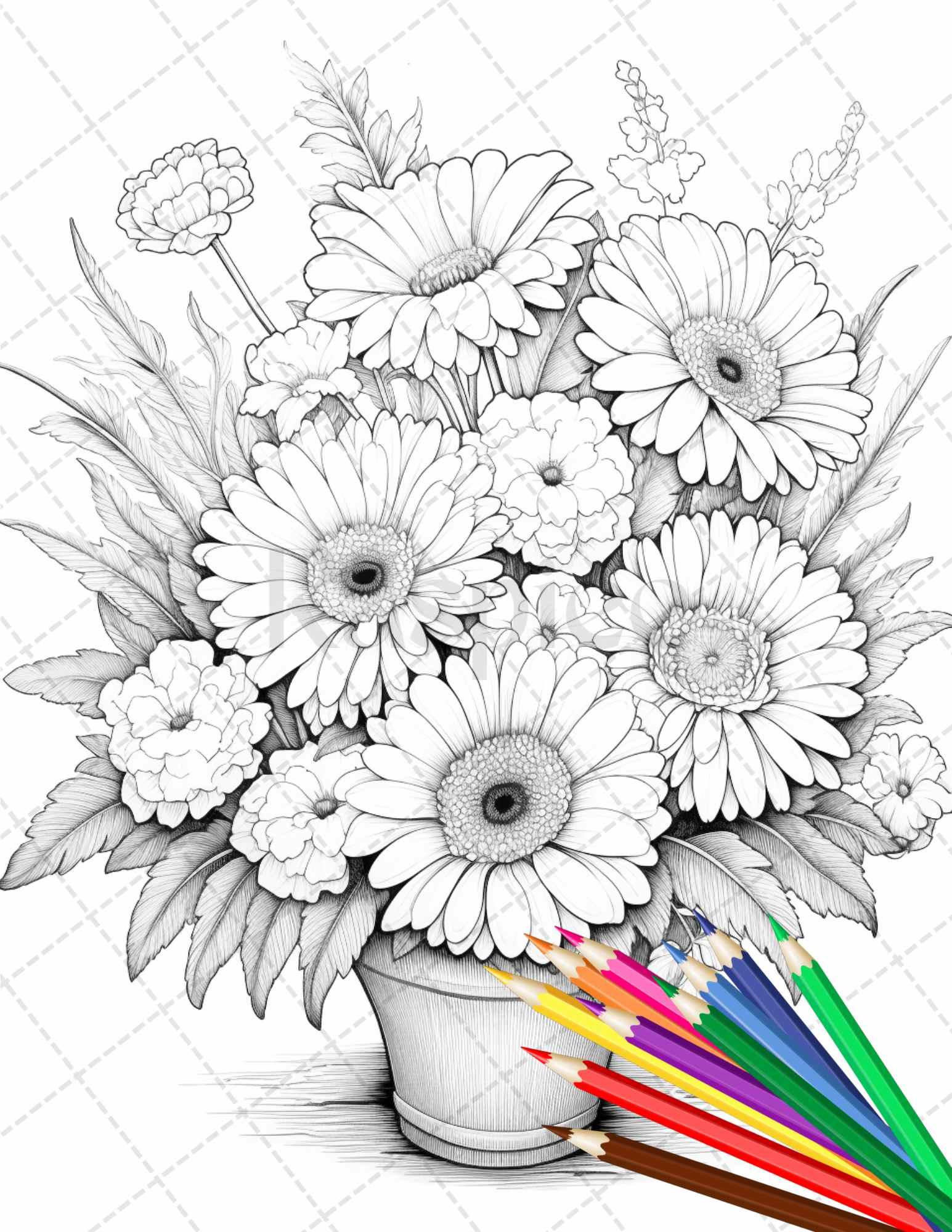 30 Flower Baskets Grayscale Coloring Pages for Adults, PDF File Instant Download