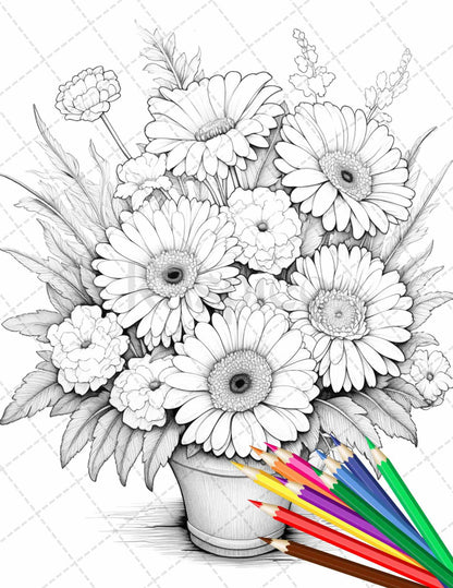 30 Flower Baskets Grayscale Coloring Pages for Adults, PDF File Instant Download