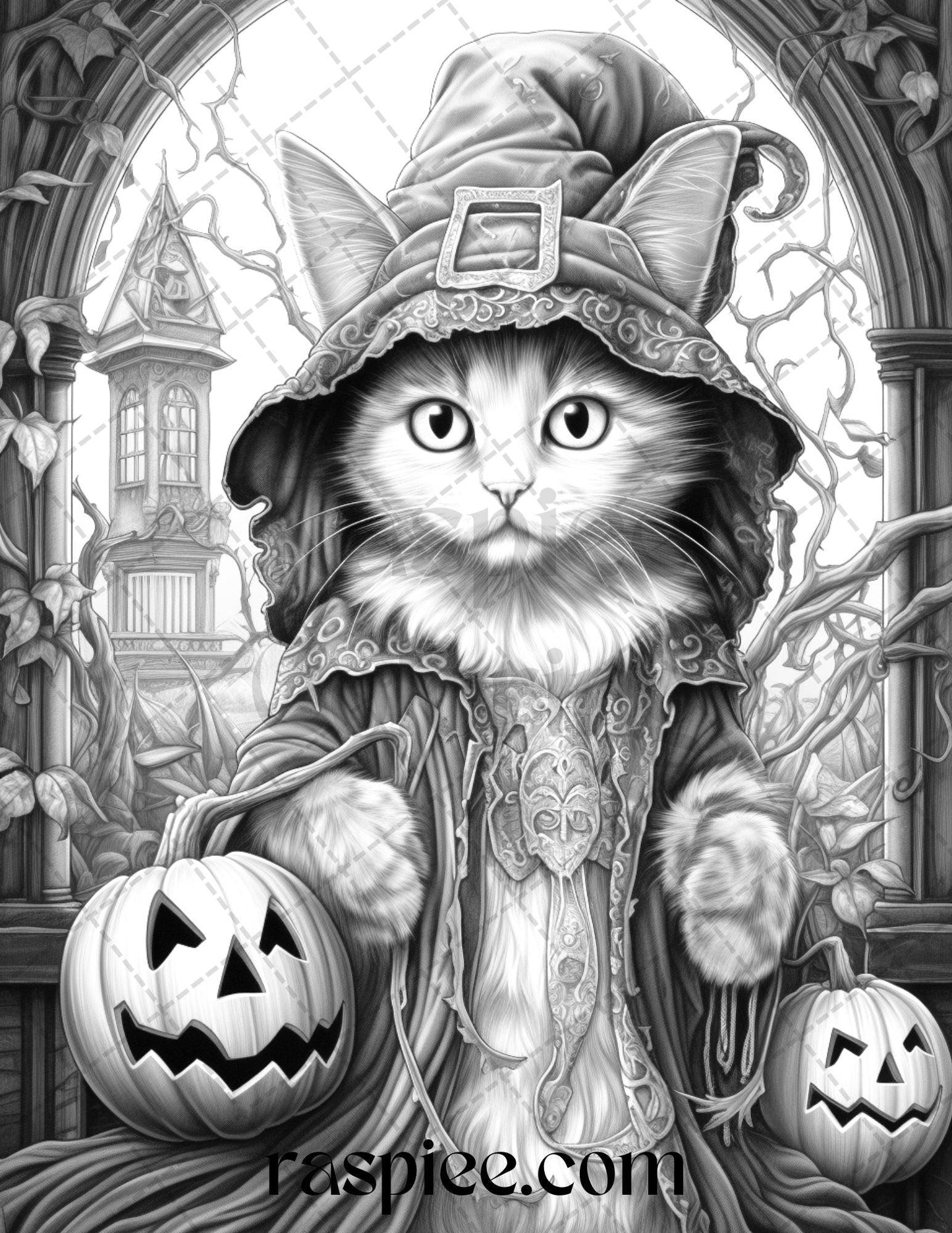 40 Halloween Witch Cat Grayscale Coloring Pages Printable for Adults, PDF File Instant Download