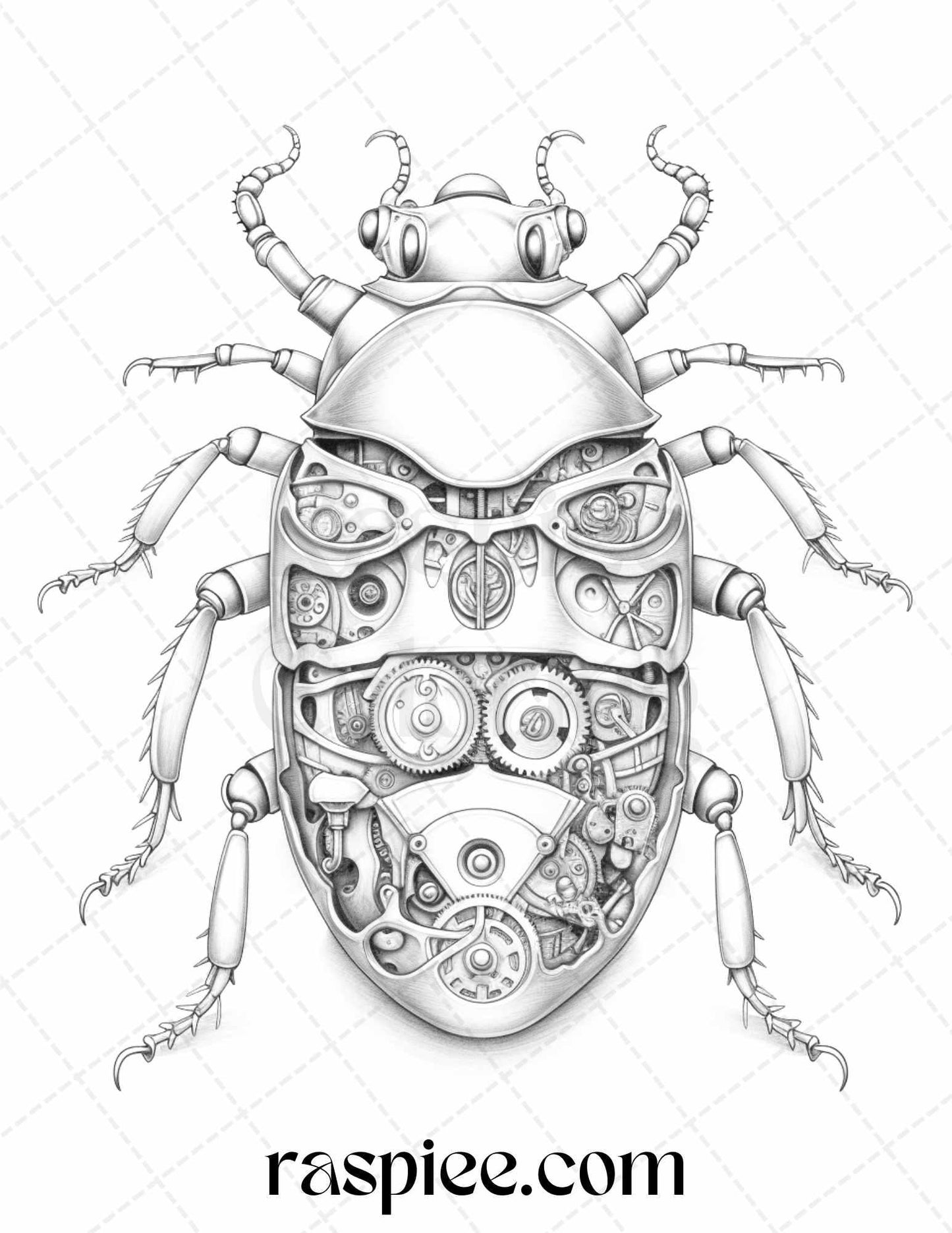 42 Steampunk Bugs Grayscale Coloring Pages Printable for Adults, PDF File Instant Download