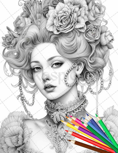 43 Beautiful Victorian Women Grayscale Coloring Pages Printable for Adults, PDF File Instant Download