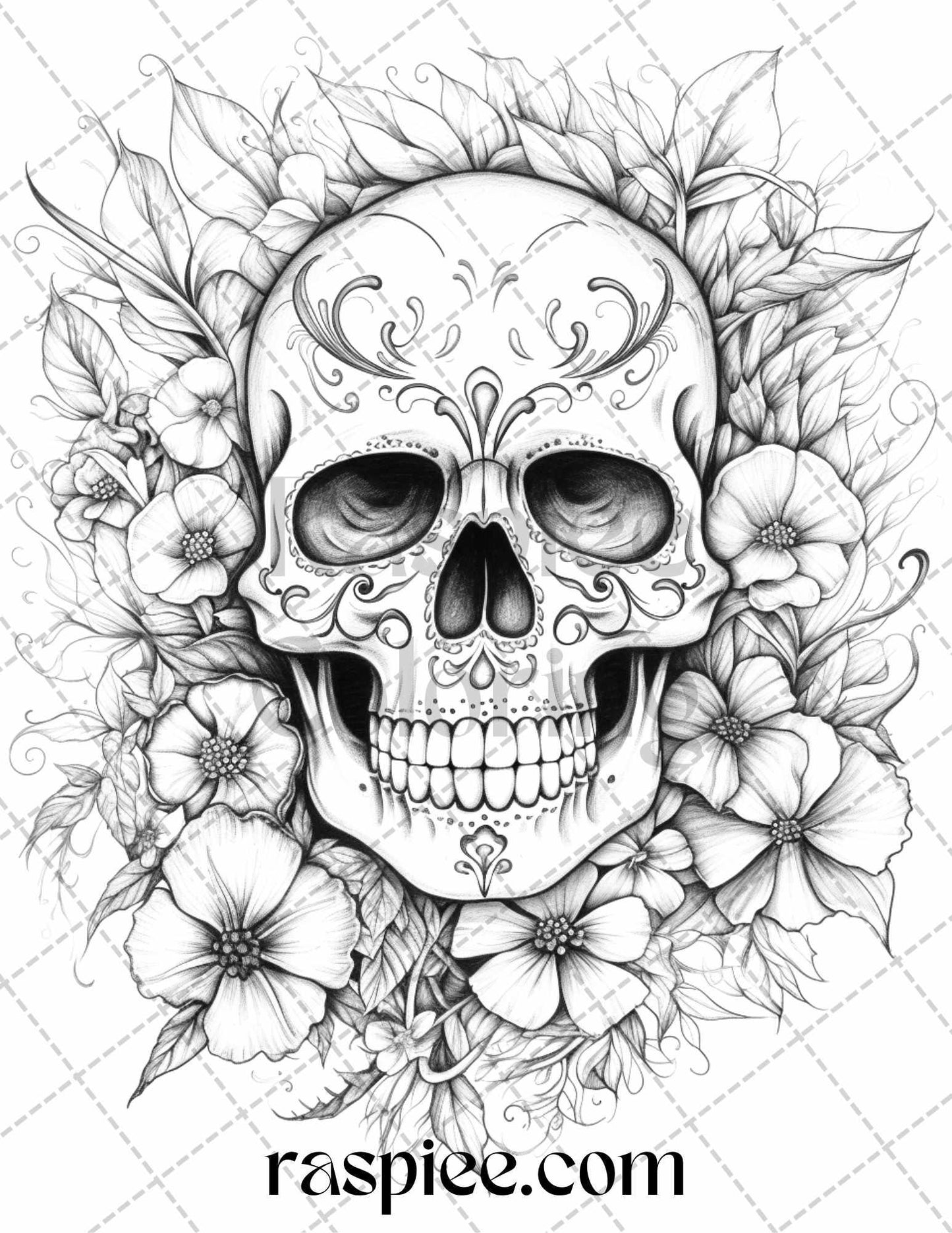 42 Floral Skull Grayscale Coloring Pages for Adults, Stress Relief Coloring Sheets, Printable PDF File Instant Download