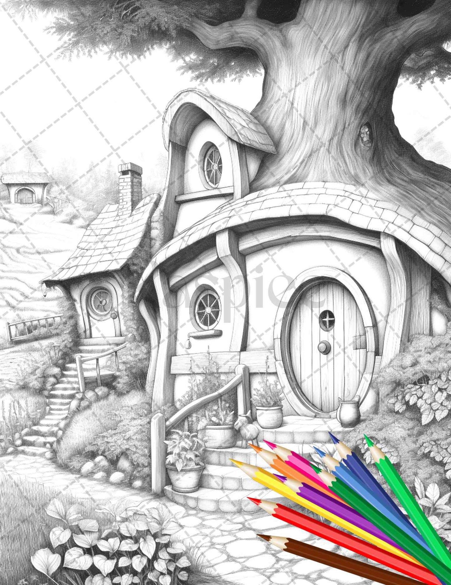 43 Enchanted Hobbiton Houses Grayscale Coloring Pages Printable for Adults, PDF File Instant Download