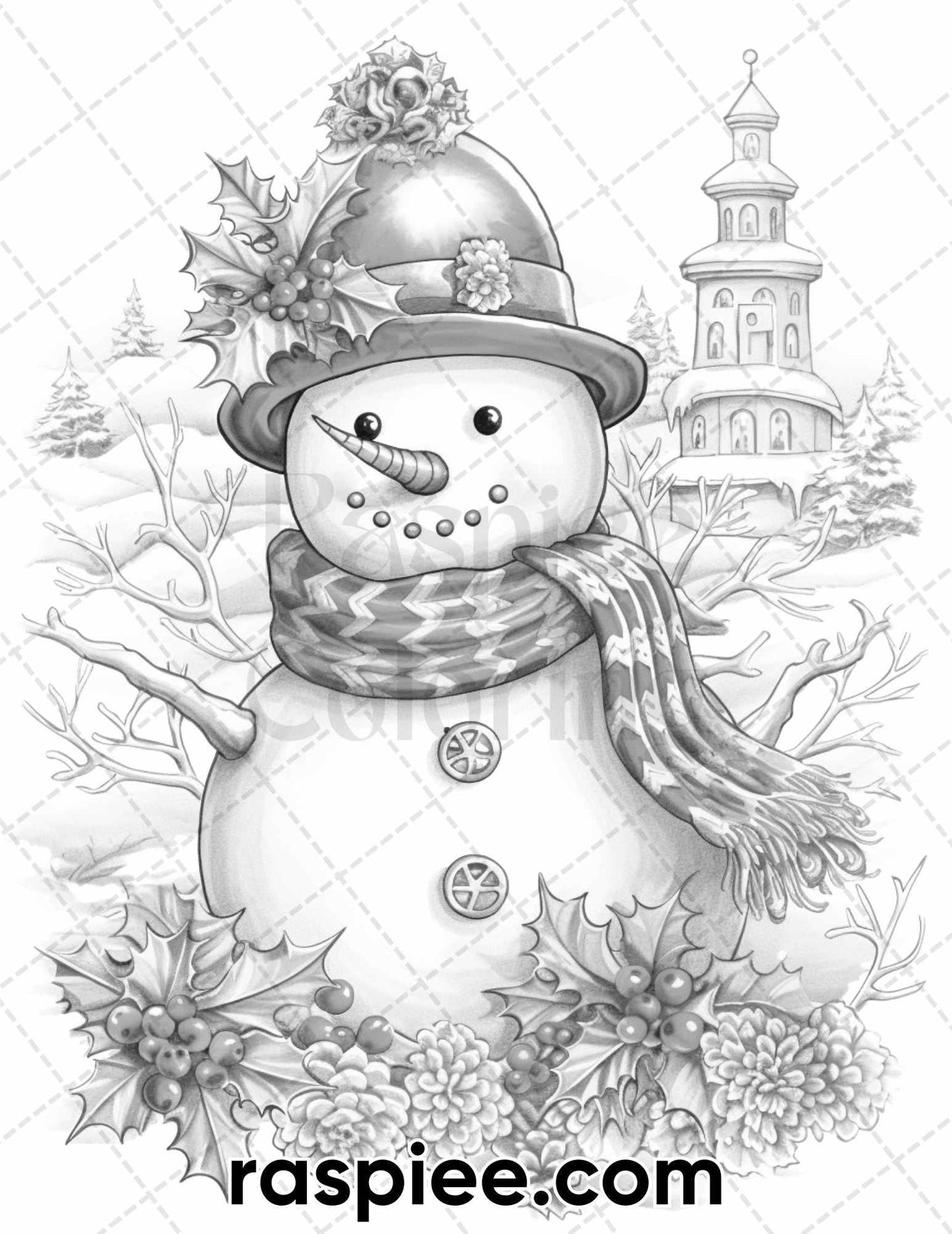 40 Chistmas Snowman Grayscale Coloring Pages for Adults, Printable PDF Instant Download