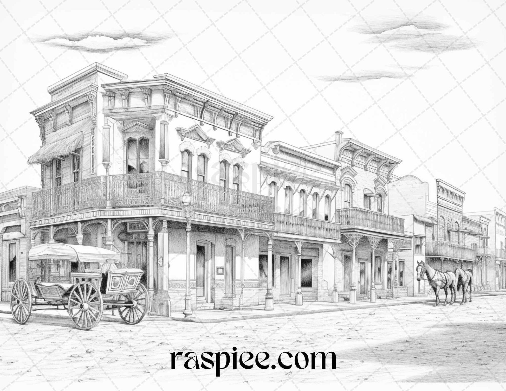 40 Wild West Towns Grayscale Coloring Pages Printable for Adults, PDF File Instant Download