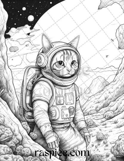 40 Cat Astronaut Grayscale Coloring Pages Printable for Adults Kids, PDF File Instant Download