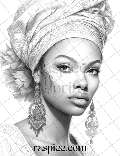 40 Beautiful African Women Grayscale Coloring Pages Printable for Adults, PDF File Instant Download