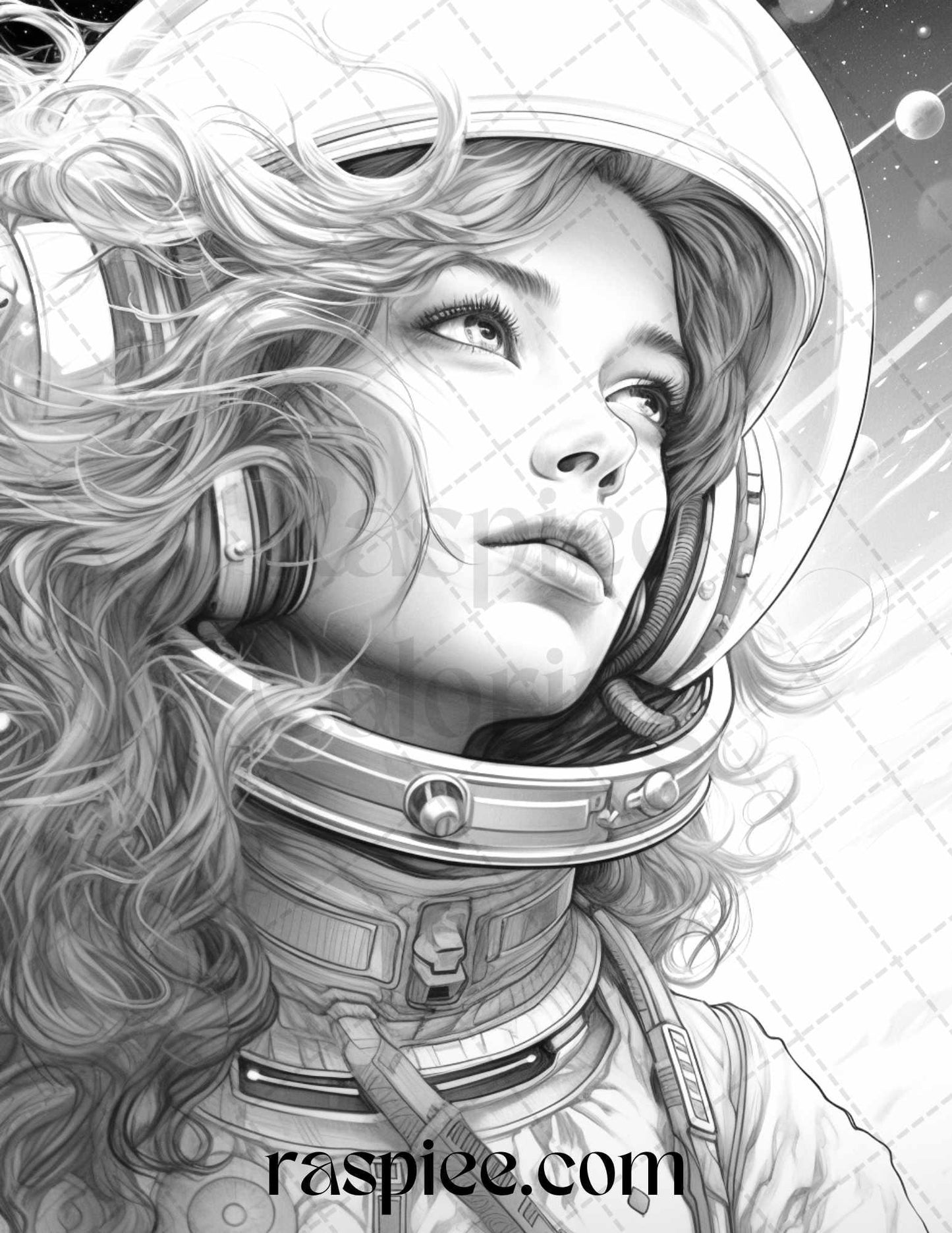 50 Astronaut Girl Portrait Grayscale Coloring Pages Printable for Adults, PDF File Instant Download