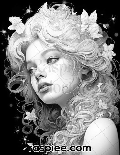 50 Starlight Fairy Grayscale Coloring Pages for Adults, Printable PDF File Instant Download