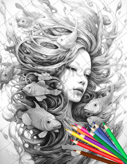 40 Enchanted Mermaid Grayscale Coloring Pages Printable for Adults, PDF File Instant Download