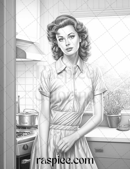 40 Retro Housewives Grayscale Coloring Pages for Adults, Printable PDF File Instant Download