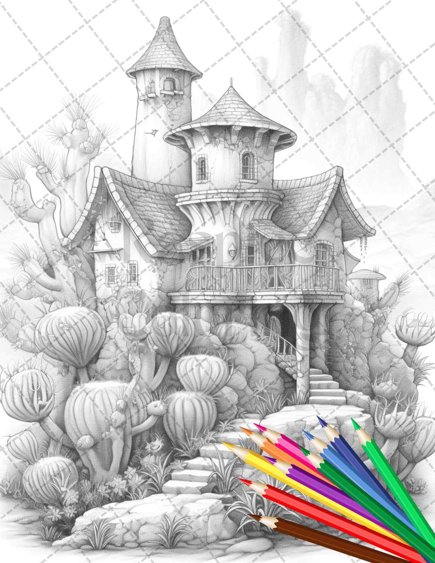 46 Fantasy Cactus Houses Grayscale Coloring Pages Printable for Adults, PDF File Instant Download