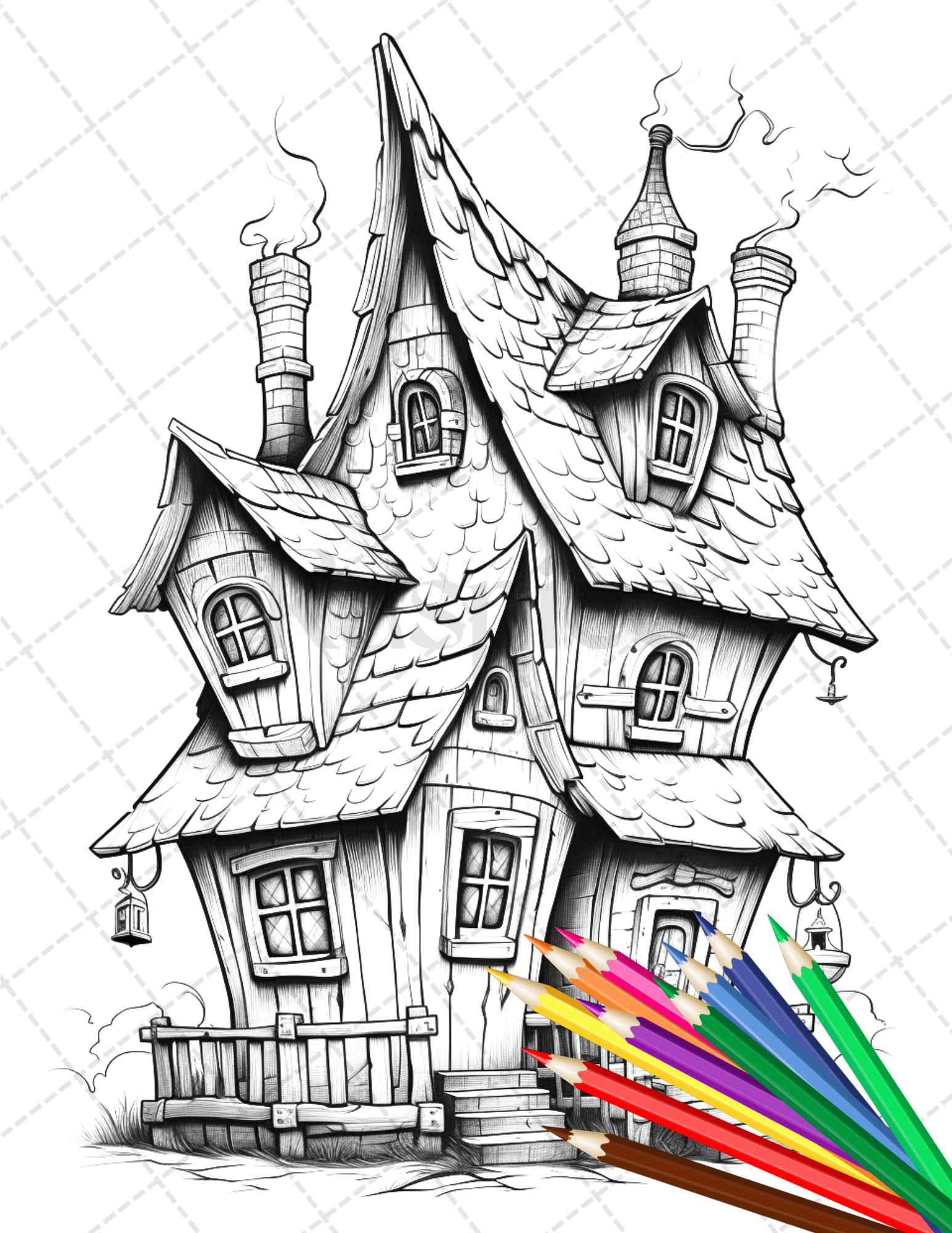 32 Spooky Houses Coloring Pages Printable for Adults, Grayscale Coloring Page, PDF File Instant Download