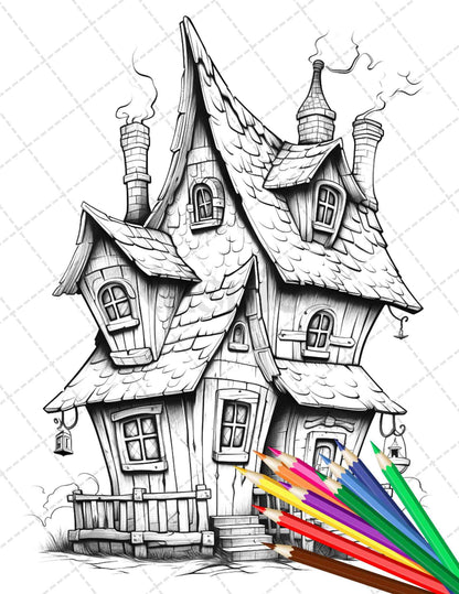 32 Spooky Houses Coloring Pages Printable for Adults, Grayscale Coloring Page, PDF File Instant Download