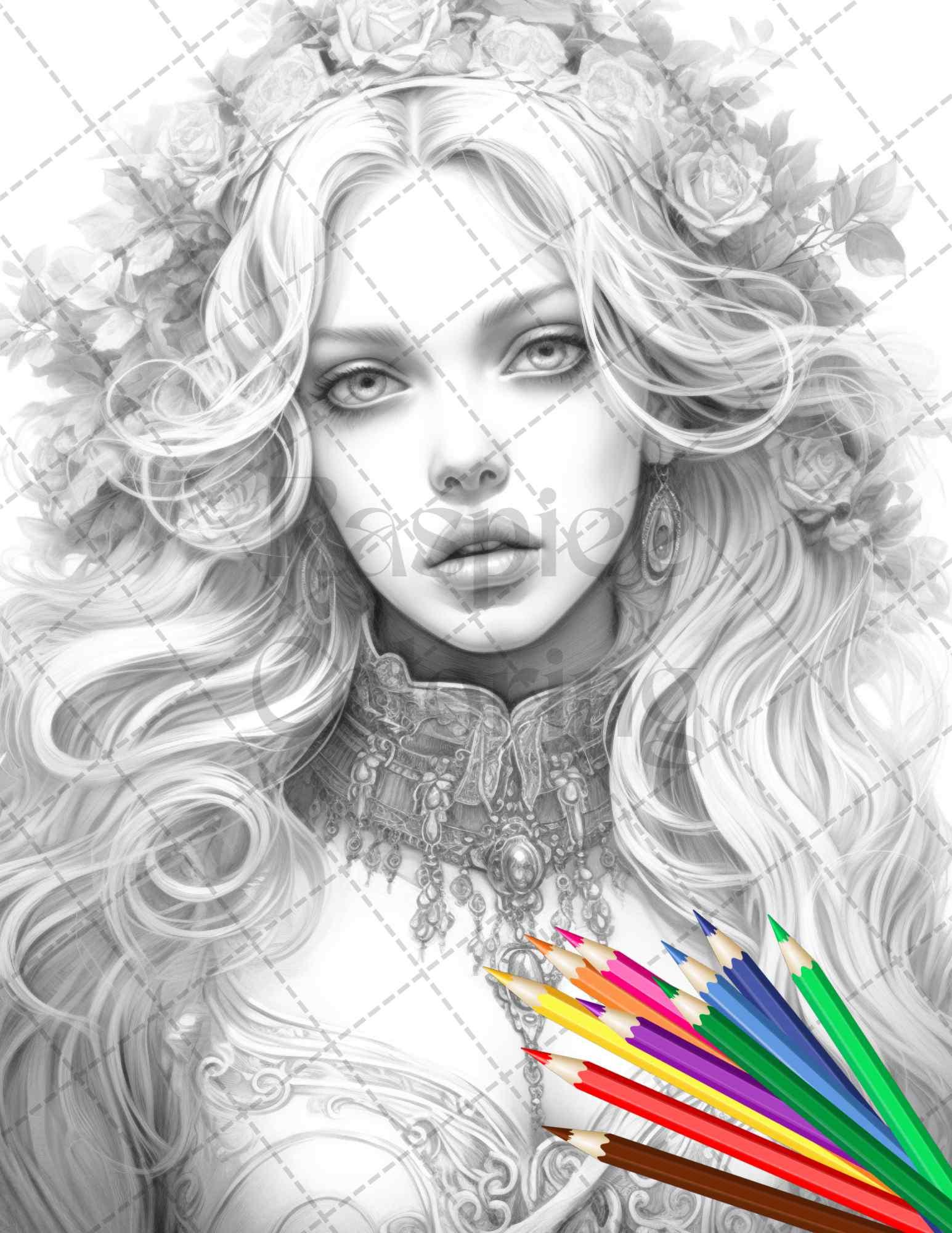 40 Beautiful Gothic Girls Grayscale Coloring Pages Printable for Adults, PDF File Instant Download