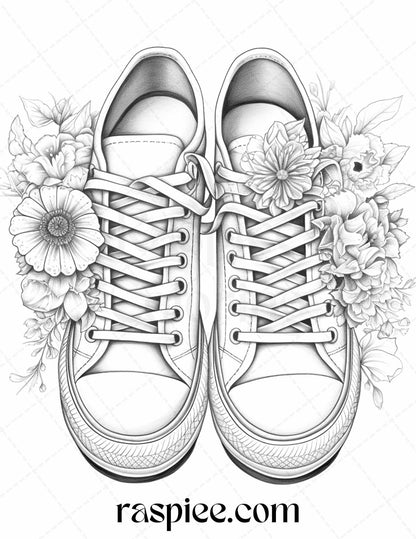 40 Flower Sneakers Grayscale Coloring Pages Printable for Adults, PDF File Instant Download