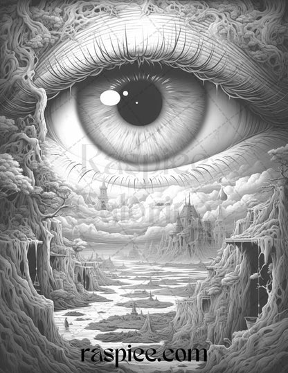 40 Surrealism Eyes Grayscale Coloring Pages Printable for Adults, PDF File Instant Download