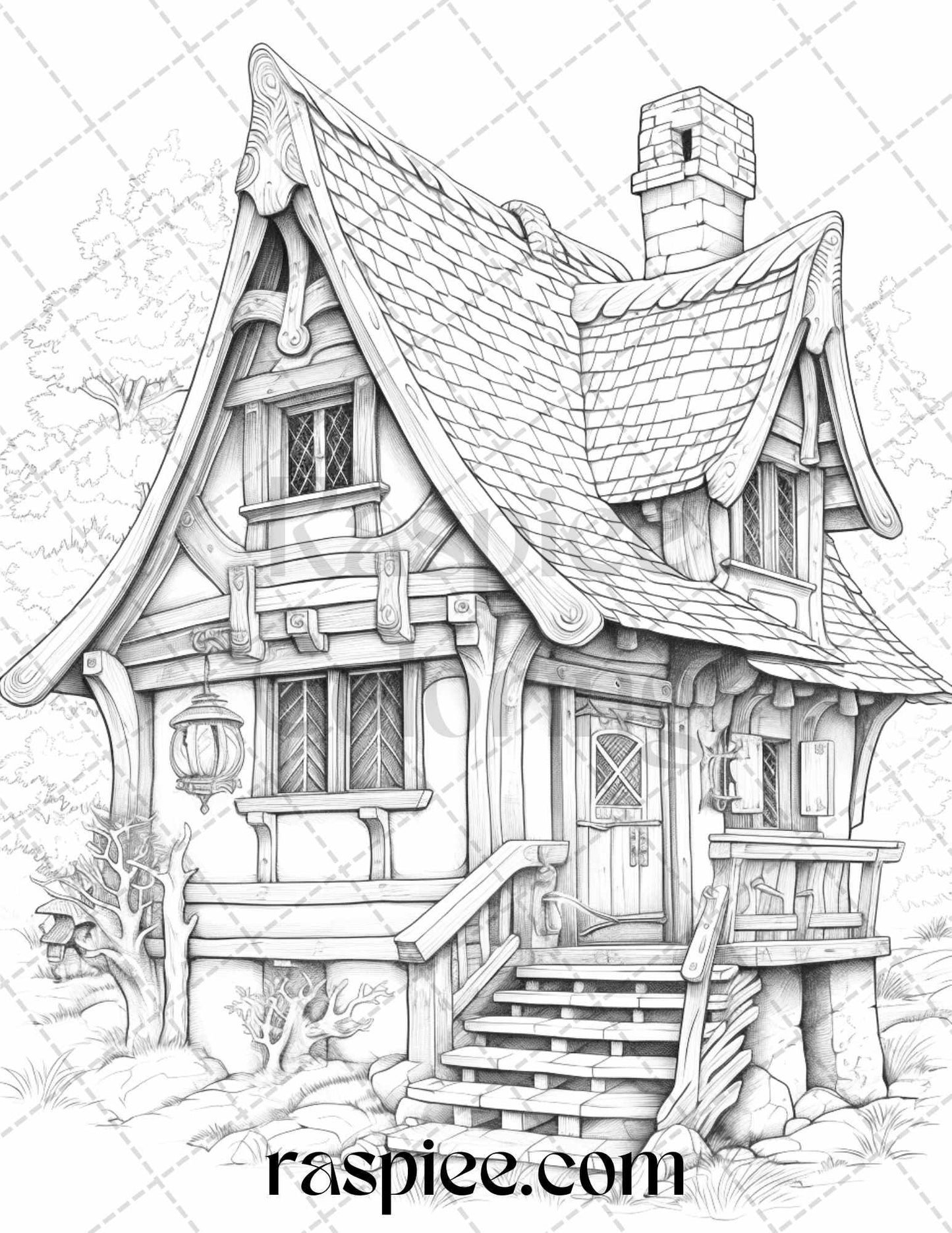 40 Viking Houses Grayscale Coloring Pages Printable for Adults, PDF File Instant Download