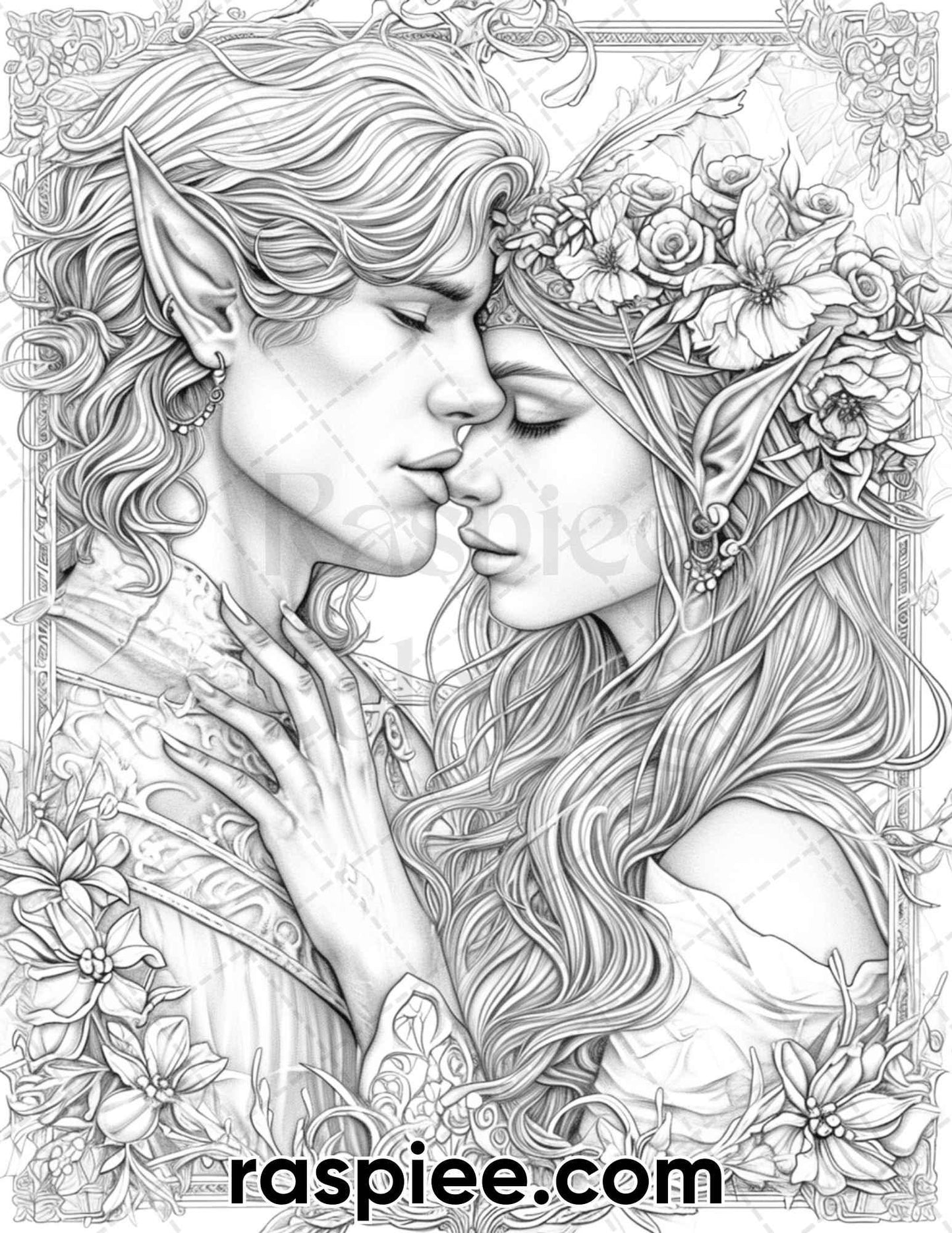 50 Romantic Elf Couple Portraits Adult Coloring Pages, Grayscale Illustration, Printable PDF Instant Download