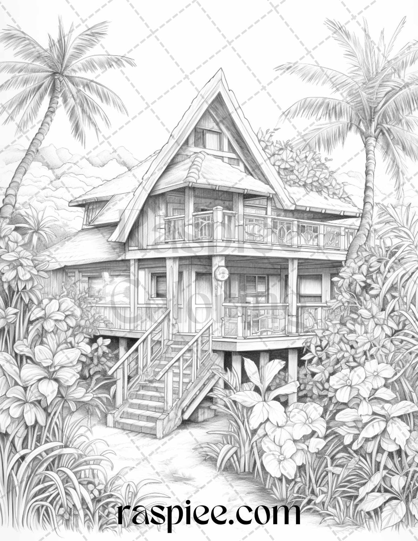 40 Hawaii Tiki Houses Grayscale Coloring Pages Printable for Adults, PDF File Instant Download