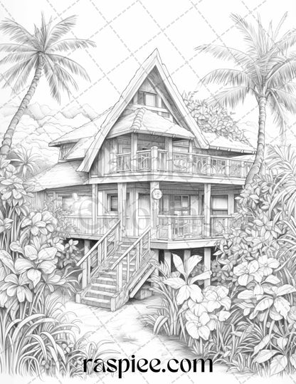 40 Hawaii Tiki Houses Grayscale Coloring Pages Printable for Adults, PDF File Instant Download