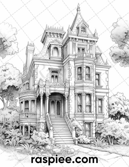 40 Victorian Mansions Grayscale Coloring Pages for Adults, Printable PDF Instant Download