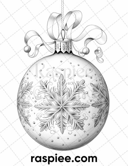 40 Christmas Balls Grayscale Coloring Pages Printable for Adults, PDF File Instant Download