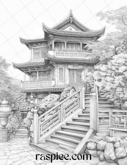 40 Traditional Chinese Houses Grayscale Coloring Pages Printable for Adults, PDF File Instant Download