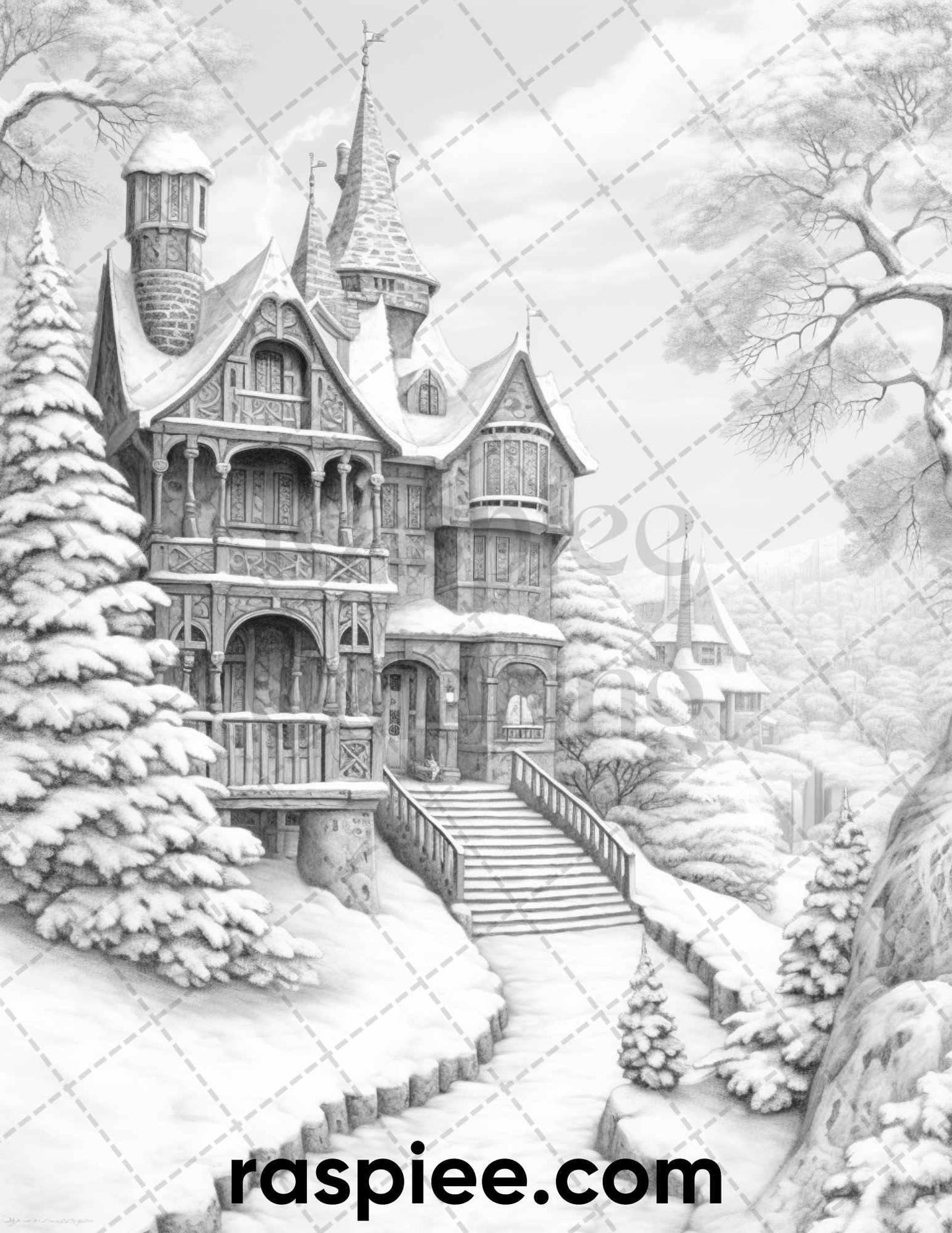 40 Fantasy Winter Village Grayscale Coloring Pages for Adults, PDF File Instant Download