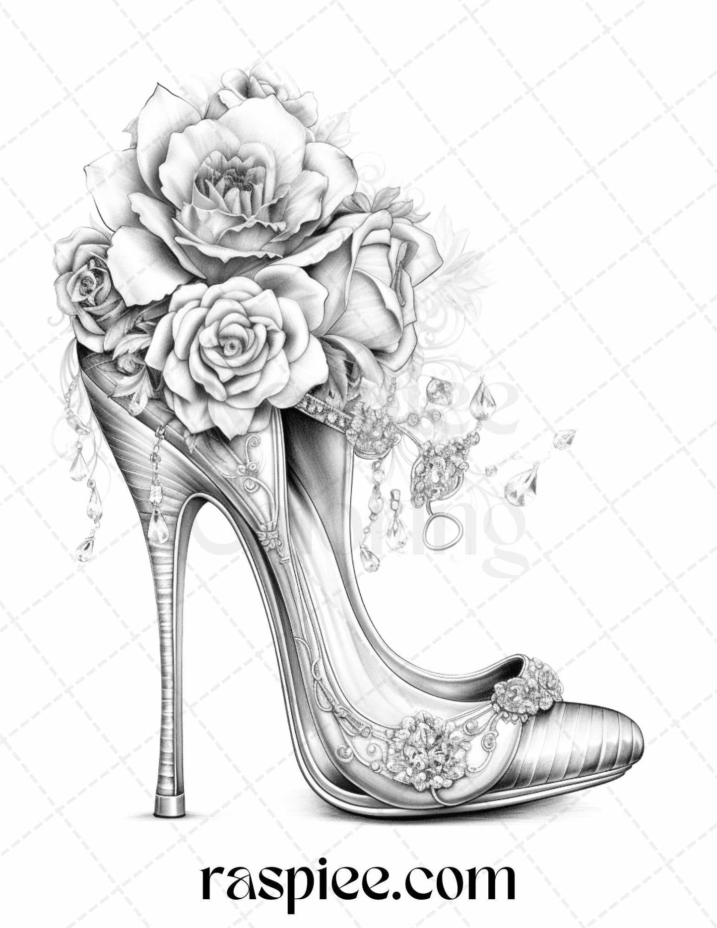 40 Flower Wedding Shoes Grayscale Coloring Pages Printable for Adults, PDF File Instant Download