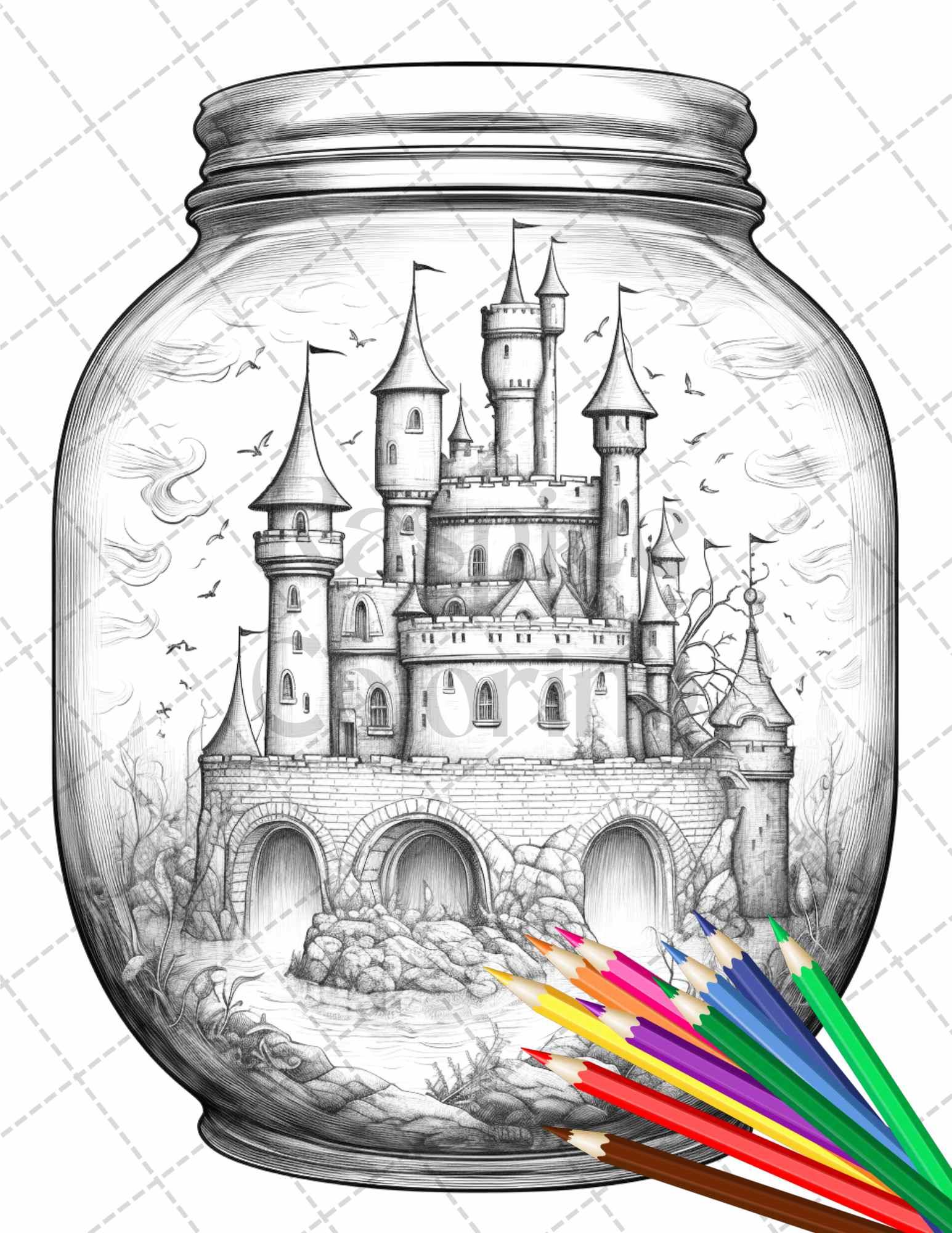 42 Fantasy Castle In Jar Grayscale Coloring Pages Printable for Adults, PDF File Instant Download